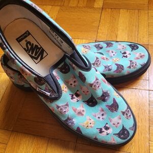 Vans Slip-On Sneakers with Teal Cat Print